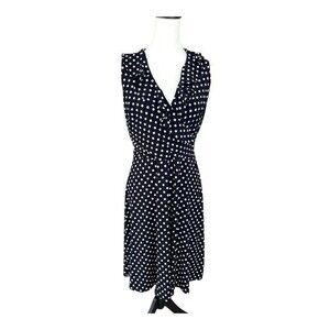 Chaps Sleeveless Navy V-Neck A-Line Polka Dot Business‎ Casual Ruffle Dress M